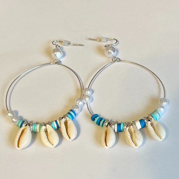 Silver Cowrie Shell White Freshwater Pearl Earrings Island Beach BIG Hoop Plated - Picture 8 of 10